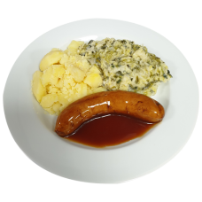 Saucijs (v) Vleesjus Savooie kool met saus Aardappelen gekookt